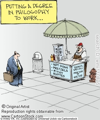 Newspaper cartoon: a philosophy graduate behind a hot-dog cart