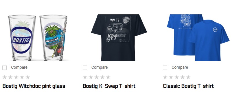 Bostig swag: two T-shirts and a pint glass