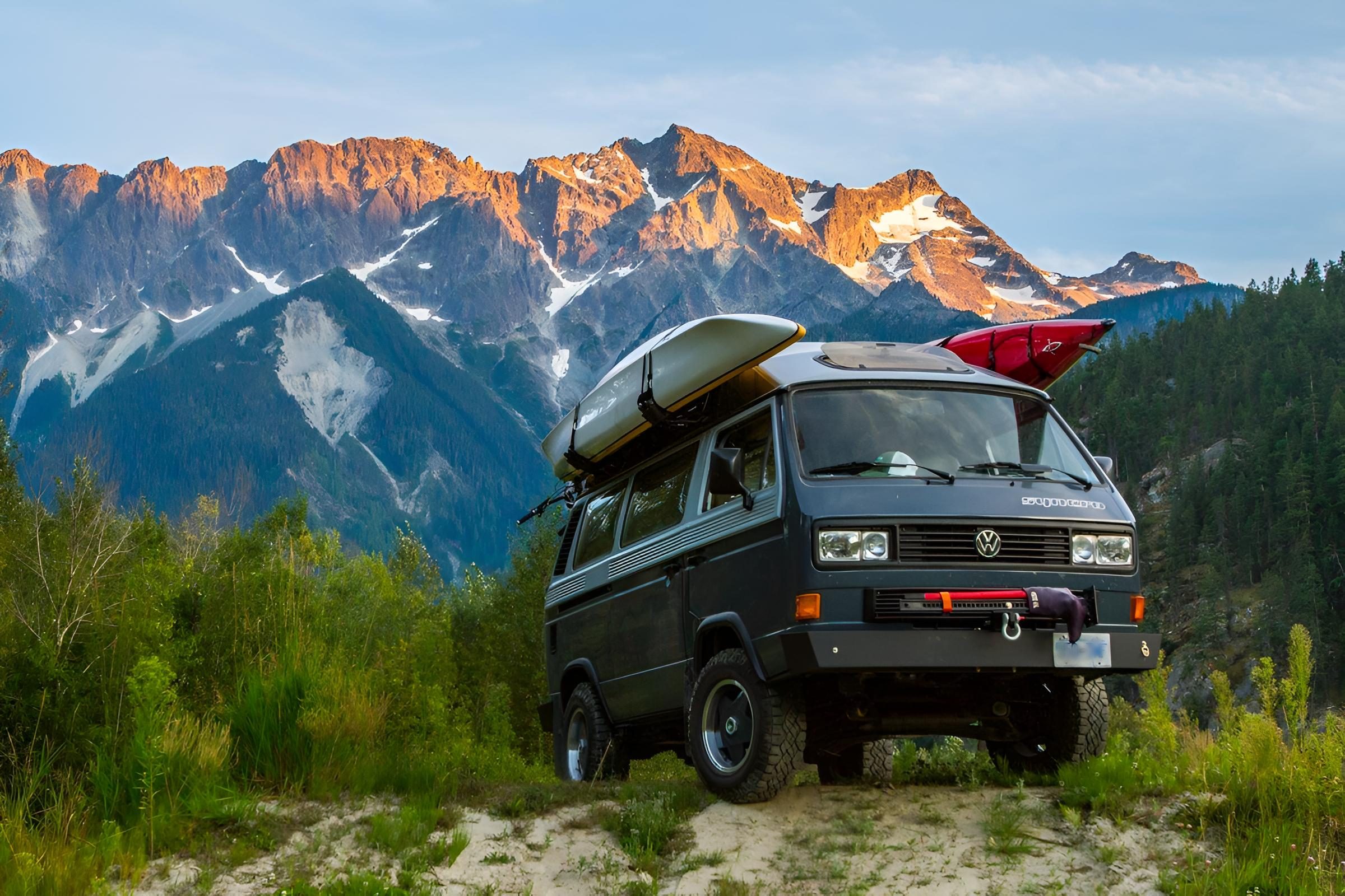 A Bostig-powered Dehler Syncro Vanagon on a gravel bar below the mountains at Pemberton, British Columbia